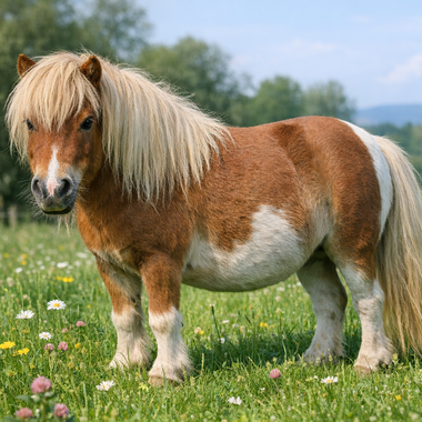 Ein kleines Pony steht auf einer Wiese voller Blumen. Im Hintergrund sind Bäume und ein klarer Himmel zu sehen. | © Bild KI generiert