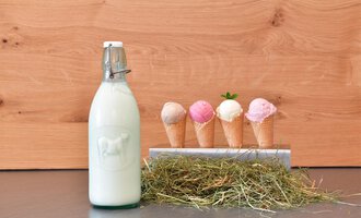 A bottle of milk stands next to waffles with different ice cream flavors. The waffles are colorful and presented on a rustic background. | © Hotel Tradizio GmbH | Werbewind GmbH