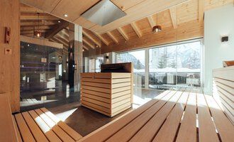 A modern spa with wooden cladding and large windows. The sauna is bright and inviting, with a view of nature.