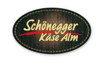 An oval logo featuring the inscription "Schönegger Käse Alm." The colors are dark green and beige, with a rustic, rural feel. | © Schönegger Käse Alm Logo