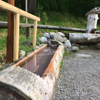 Ein rustikaler Holzbrunnen aus Baumstämmen in einer natürlichen Umgebung. Im Hintergrund sind weitere Holzelemente und Vegetation zu sehen. | © Kleinwalsertal Tourismus