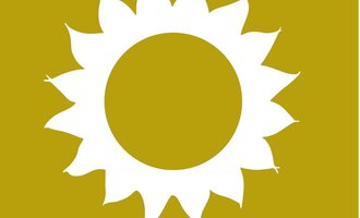 A simple, white sun motif on a yellow background. The rays of the sun are evenly and symmetrically arranged.