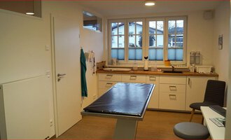 Ein heller Raum mit einem Untersuchungstisch und großen Fenstern. Die Wände sind hell, und es gibt einige medizinische Utensilien auf der Arbeitsfläche. | © Tierarztpraxis Oberstdorf | Regina Baumgartner
