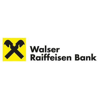 Ein Logo der Walser Raiffeisen Bank mit einem gelben Hintergrund und einfachen grafischen Symbolen. Der Name der Bank ist deutlich sichtbar darunter. | © Walser Raiffeisen Bank AG Logo