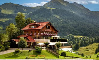 Ein rustikales Chalet in den Bergen mit einem roten Dach und vielen Blumen. Die Umgebung ist grün und hügelig, umgeben von majestätischen Bergen.