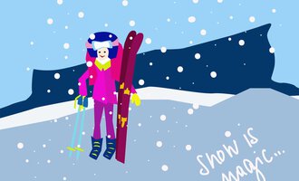 A cheerful skier stands on a snow-covered slope. The sky is blue, and it is lightly snowing.