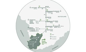 Map of the Austrian state of Vorarlberg with marked cities and distances to Germany. | © Kleinwalsertal Tourismus eGen 