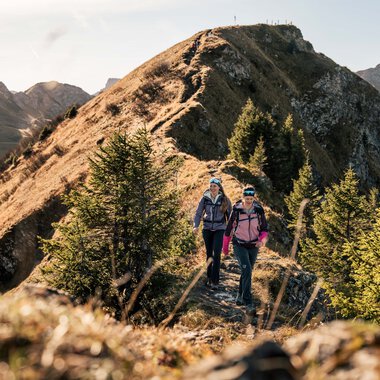 Zwei wandernde Frauen auf einem schmalen Bergpfad mit einer beeindruckenden Bergkulisse im Hintergrund, umgeben von Tannenbäumen.