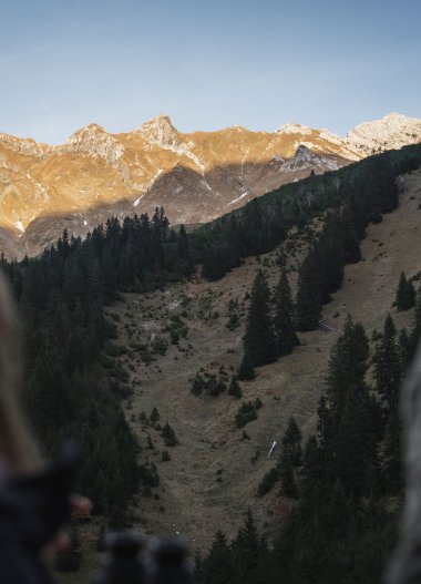 Zwei Personen schauen auf eine Berglandschaft mit schneebedeckten Gipfeln im Hintergrund, während sie sich in der Natur aufhalten. | © Kleinwalsertal Tourismus eGen • Fotograf: Hannah Bichay