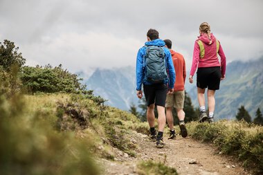 Vier Wanderer gehen auf einem Pfad durch die Natur inmitten der Berge, mit Wegweiser im Hintergrund, bei bedecktem Himmel. | © Kleinwalsertal Tourismus eGen • Fotograf: Oliver Farys