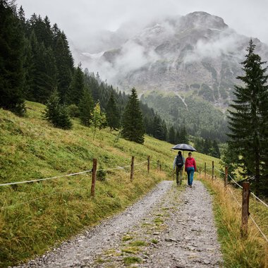 Hikers with umbrellas walking on a gravel trail through mountainous, foggy landscape with pine trees and mountains in the background. | © Kleinwalsertal Tourismus eGen • Photographer: Oliver Farys