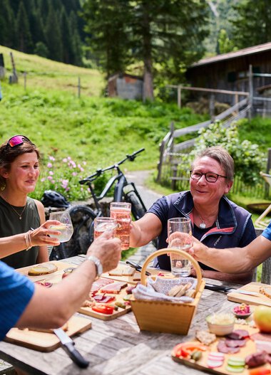Four people sit outdoors at a wooden table, clinking glasses and enjoying a meal with cheese, sausage, and bread. Green meadows, trees, and a hut are in the background. | © Kleinwalsertal Tourismus eGen • Photographer: Oliver Farys