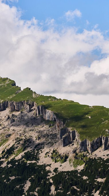 Berglandschaft im Kleinwalsertal mit grüner Vegetation und felsigen Gipfeln unter einem blauen Himmel mit Wolken. | © Kleinwalsertal Tourismus eGen • Fotograf: Oliver Farys