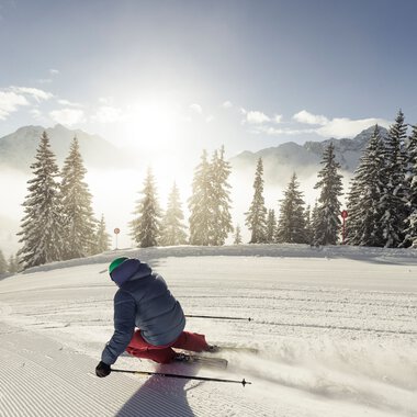 A child skiing on a freshly groomed snow slope in the snowy mountains, surrounded by pine trees and under a sunny sky. | © Kleinwalsertal Tourismus eGen • Photographer: Oliver Farys