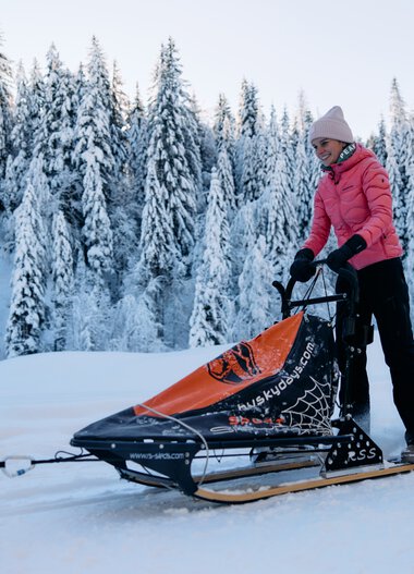 Woman riding a dog sled in snowy winter landscape in Kleinwalsertal, wearing a pink jacket, white hat, and black gloves. | © Kleinwalsertal Tourismus eGen • Photographer: Oliver Farys