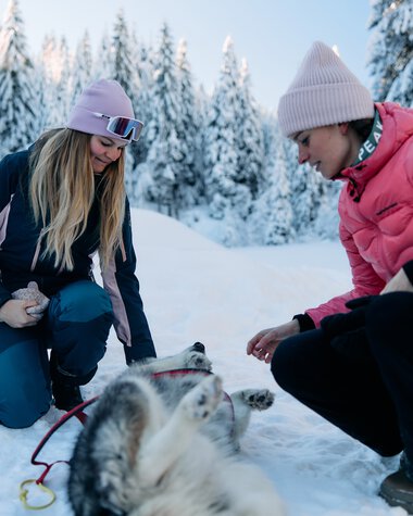 Zwei Frauen im Winteroutfit betreuen einen schneebedeckten Hund im Kleinwalsertal, umgeben von verschneiten Tannen | © Kleinwalsertal Tourismus eGen • Fotograf: Oliver Farys