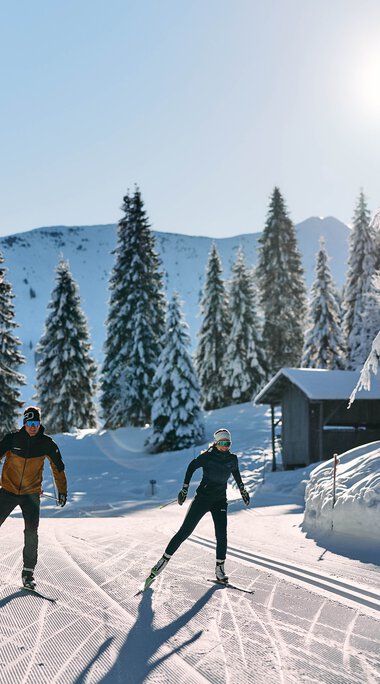 Two cross-country skiers enjoying skiing in a snowy winter forest in Kleinwalsertal under sunny skies. | © Kleinwalsertal Tourismus eGen • Photographer: Oliver Farys