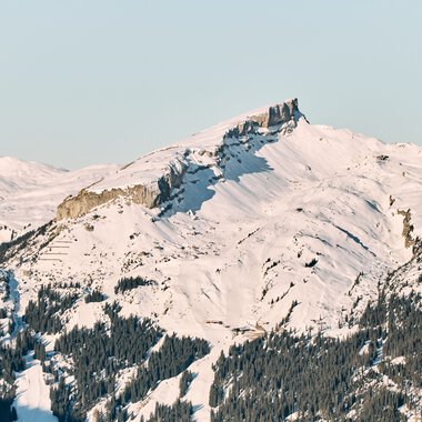Snow-covered mountains and forests in winter in the Alps, view of the Kanzelwand in Kleinwalsertal. | © Kleinwalsertal Tourismus eGen • Photographer: Oliver Farys