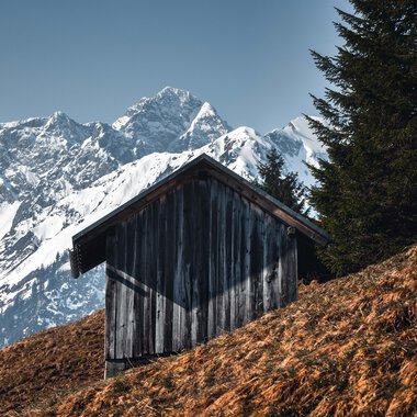 A small dark wooden cabin on a mountain meadow with snow-capped peaks in the background on a clear day. | © Kleinwalsertal Tourismus eGen • Photographer: Robert Niederwolfsgruber