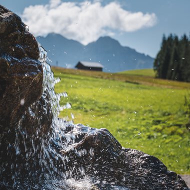 Close-up of a waterfall or flowing creek in a green, mountainous landscape with clouds and a small house in the background. | © Kleinwalsertal Tourismus eGen • Photographer: Robert Niederwolfsgruber
