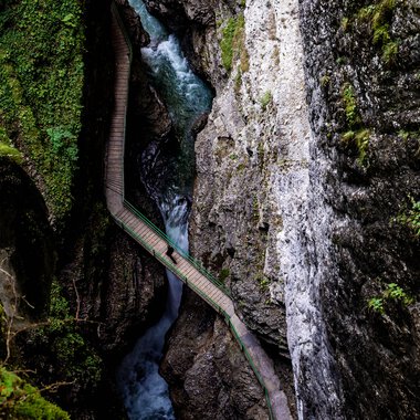 View from the Zwingsteig trail into the Breitach Gorge in summer, narrow gorge with water and rocks, surrounded by green vegetation. | © Kleinwalsertal Tourismus eGen • Breitachklamm • Photographer: Domink Berchtold